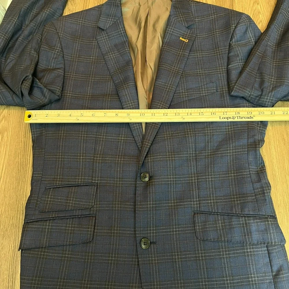 Jos. A. Bank 42L 100% Wool Navy Glen Plaid Suit Double Pleated Cuffed Pants